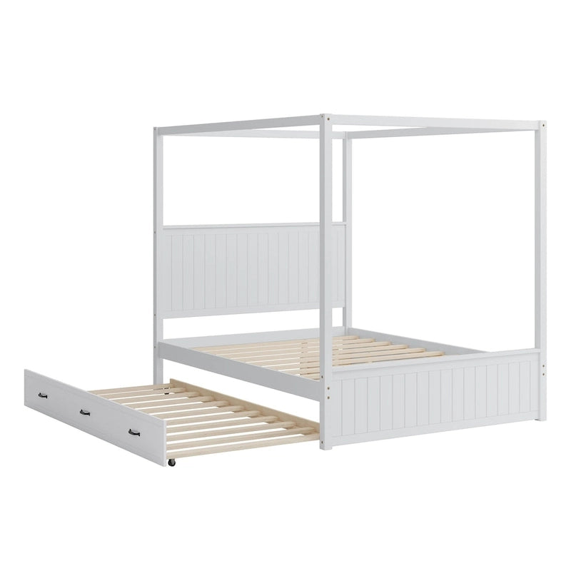 Queen Size 4-Post Canopy Bed with Trundle, 3 Storage Drawers, Wingback Headboard