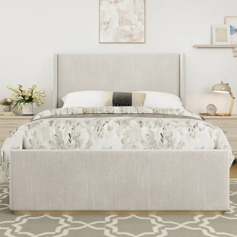 King Size Corduroy Upholstered Bed with 47 Inch Wingback Headboard