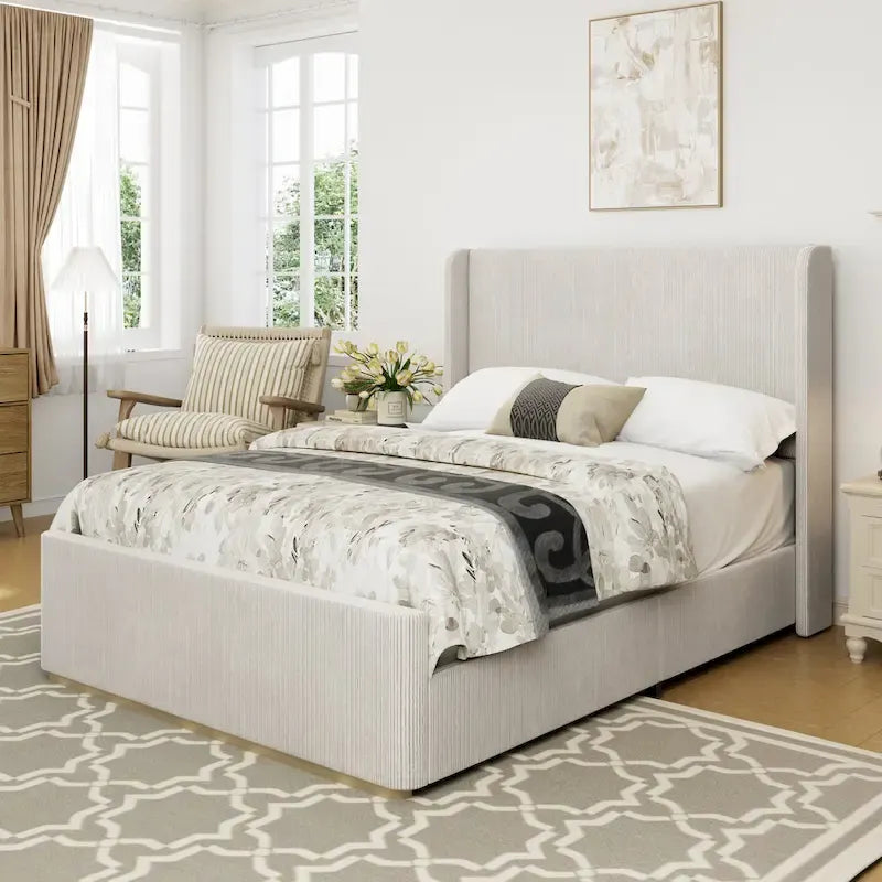 King Size Corduroy Upholstered Bed with 47 Inch Wingback Headboard