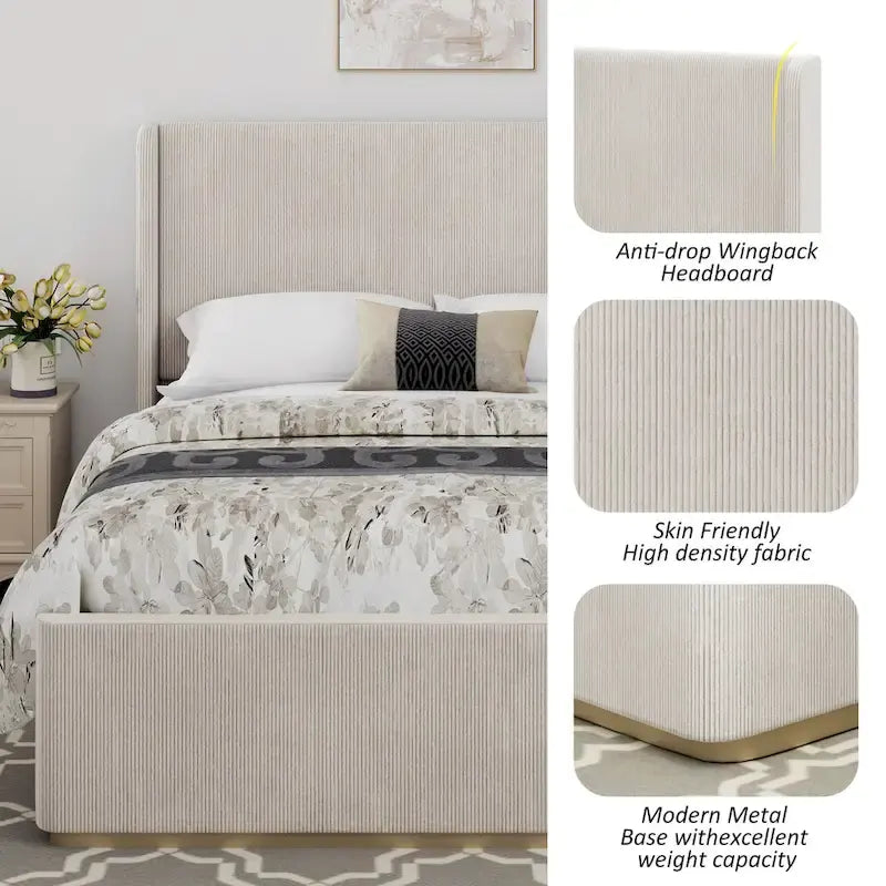 King Size Corduroy Upholstered Bed with 47 Inch Wingback Headboard