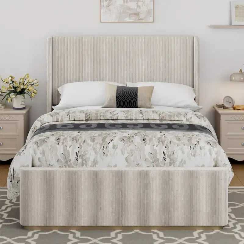 King Size Corduroy Upholstered Bed with 47 Inch Wingback Headboard