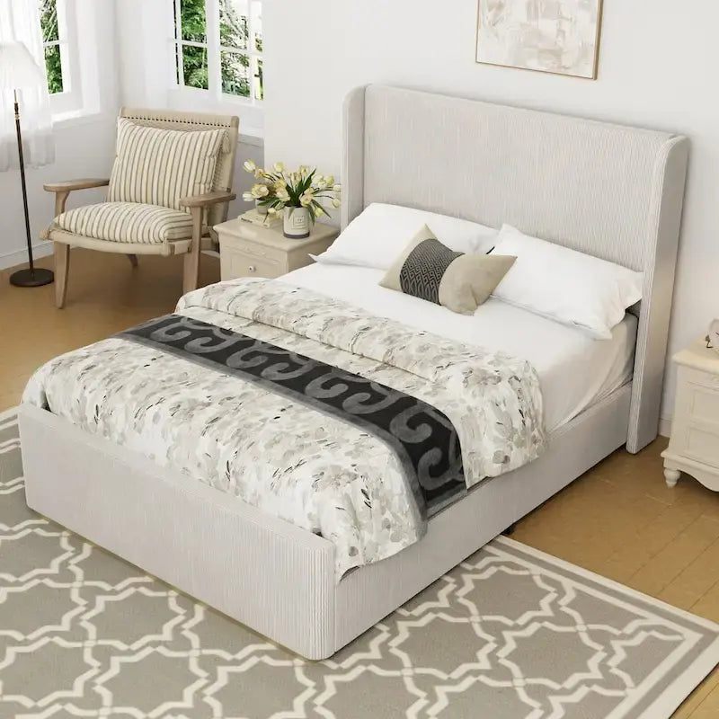 King Size Corduroy Upholstered Bed with 47 Inch Wingback Headboard