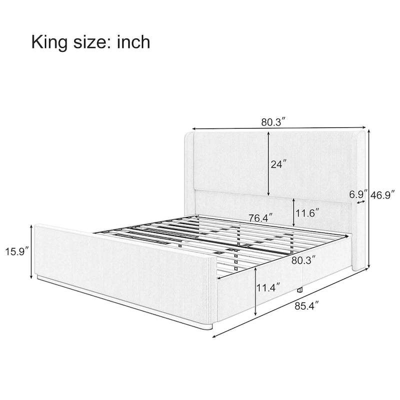 King Size Corduroy Upholstered Bed with 47 Inch Wingback Headboard
