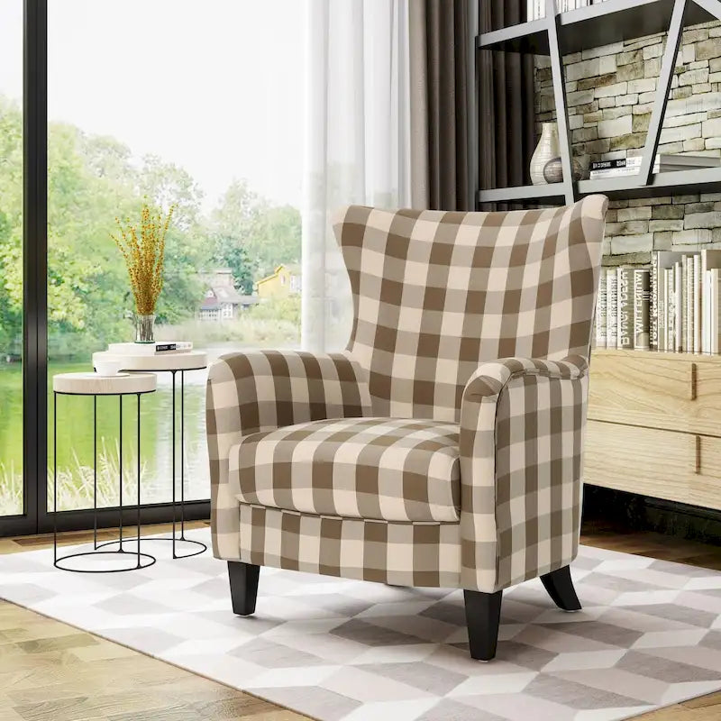 High Back Upholstered Armchair with Wood Legs for Living Room