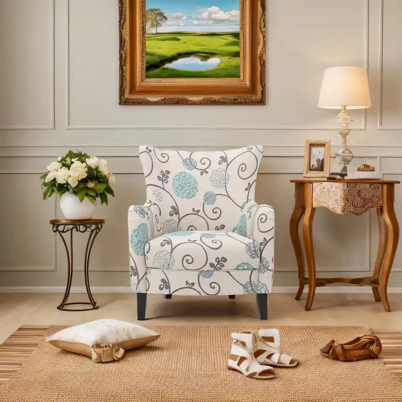 High Back Upholstered Armchair with Wood Legs for Living Room