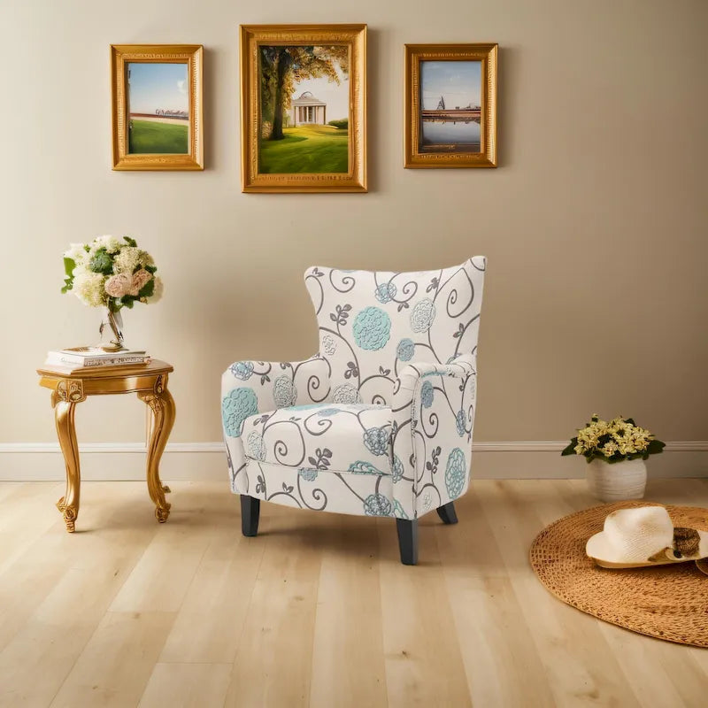 High Back Upholstered Armchair with Wood Legs for Living Room