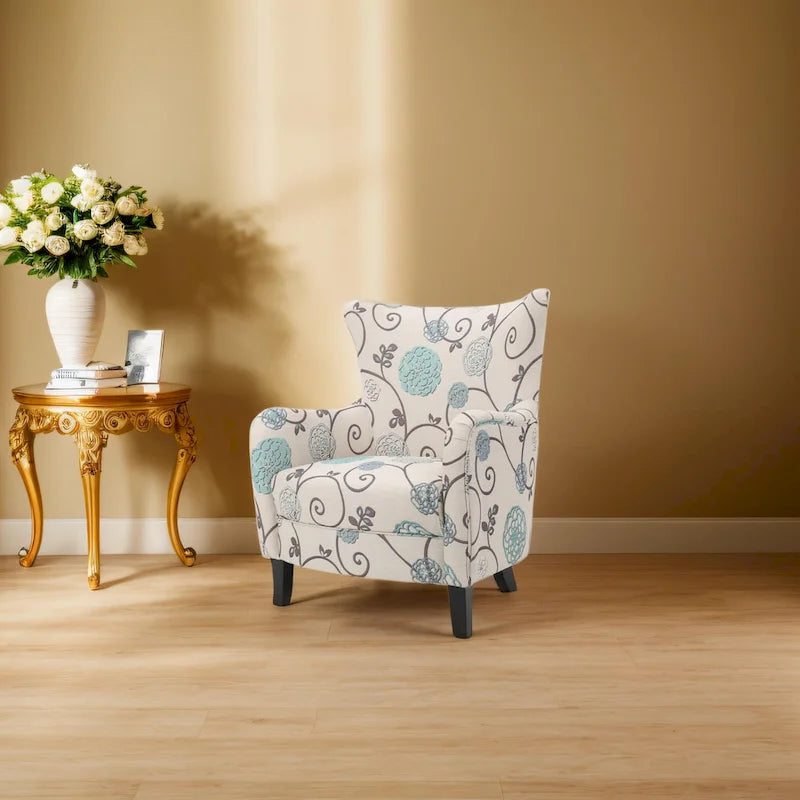 High Back Upholstered Armchair with Wood Legs for Living Room