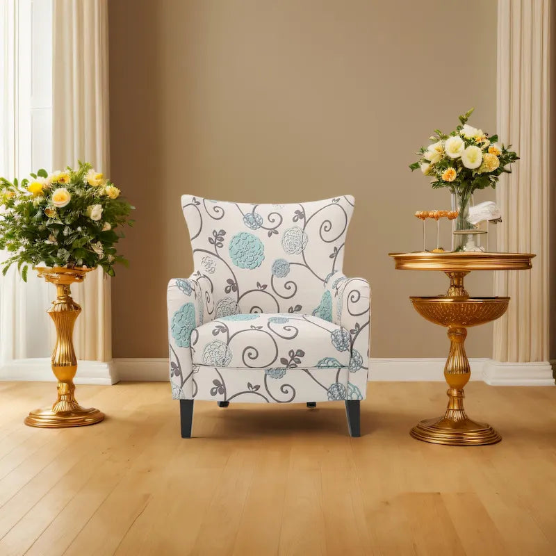 High Back Upholstered Armchair with Wood Legs for Living Room