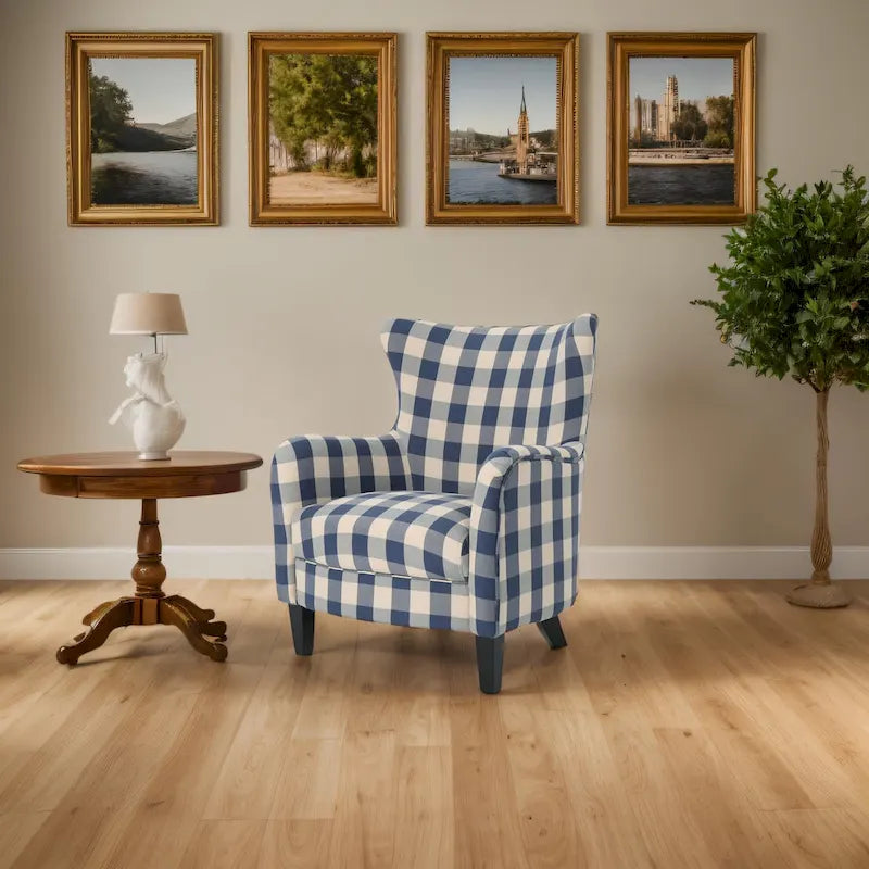 High Back Upholstered Armchair with Wood Legs for Living Room