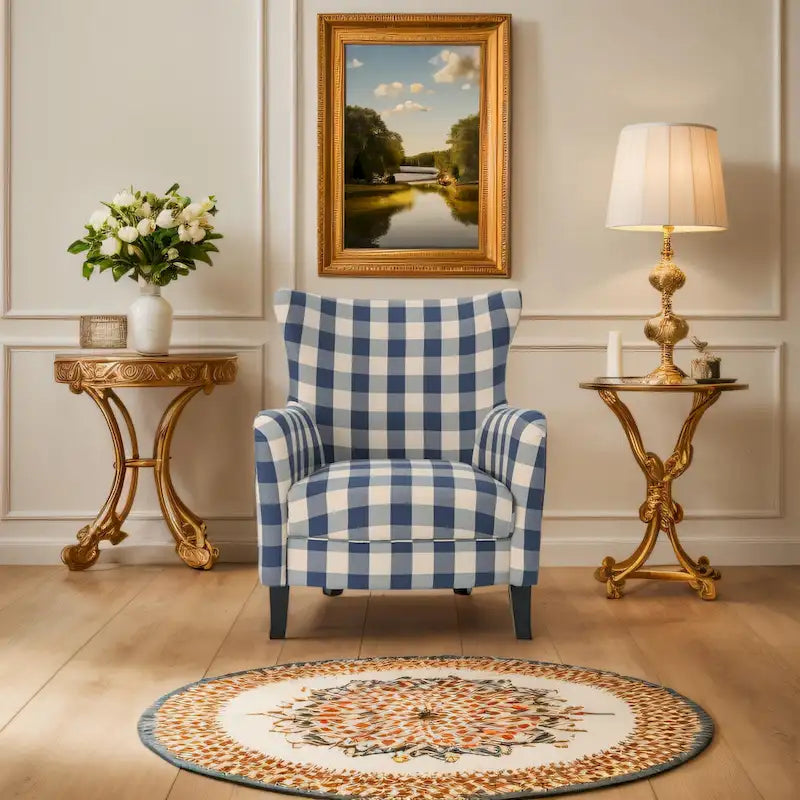 High Back Upholstered Armchair with Wood Legs for Living Room