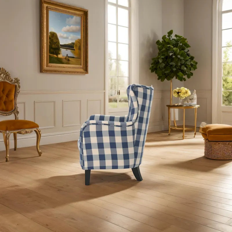 High Back Upholstered Armchair with Wood Legs for Living Room