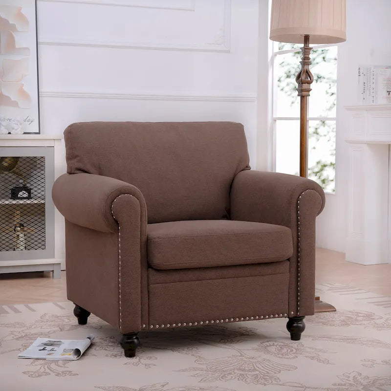 Brown Modern 37.4 Upholstered Accent Chair with Solid Wood Frame and Nailheads for Living Room