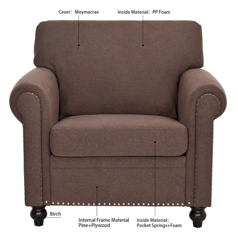 Brown Modern 37.4 Upholstered Accent Chair with Solid Wood Frame and Nailheads for Living Room