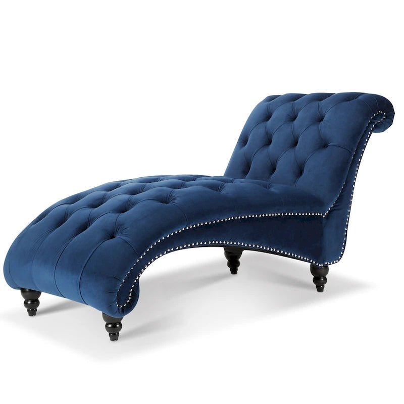 Button-Tufted Chaise Lounge Chair with Nail Head Trim, Blue