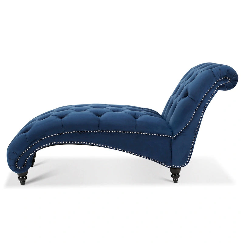 Button-Tufted Chaise Lounge Chair with Nail Head Trim, Blue