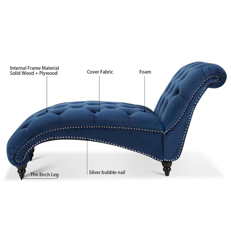 Button-Tufted Chaise Lounge Chair with Nail Head Trim, Blue