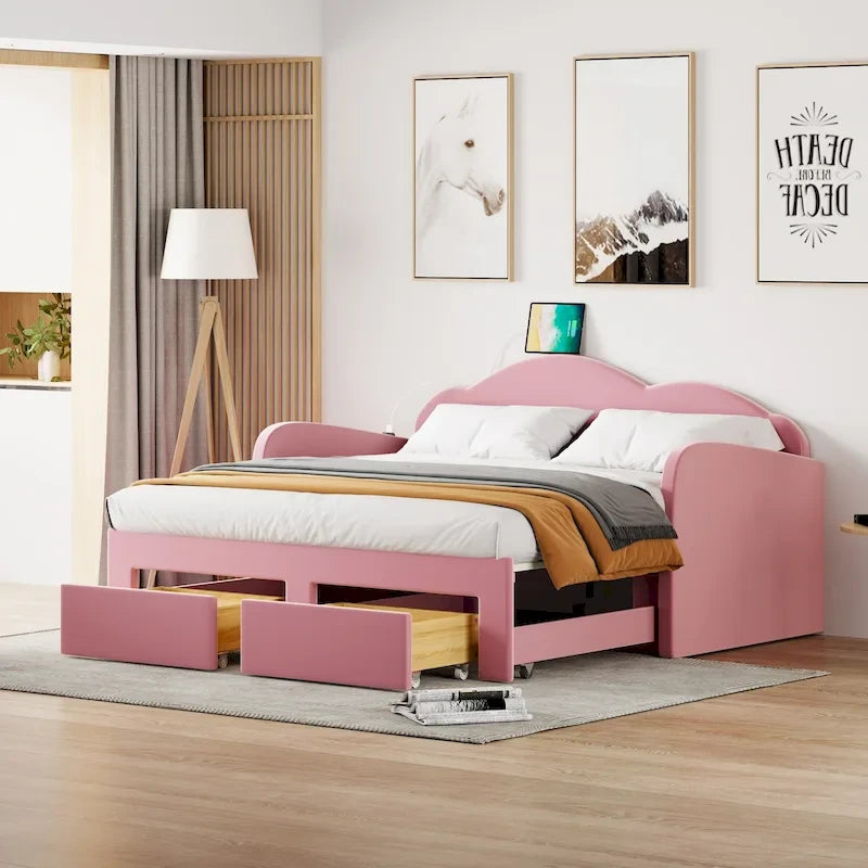 Twin Velvet Daybed with Trundle, 2 Drawers, and USB Port
