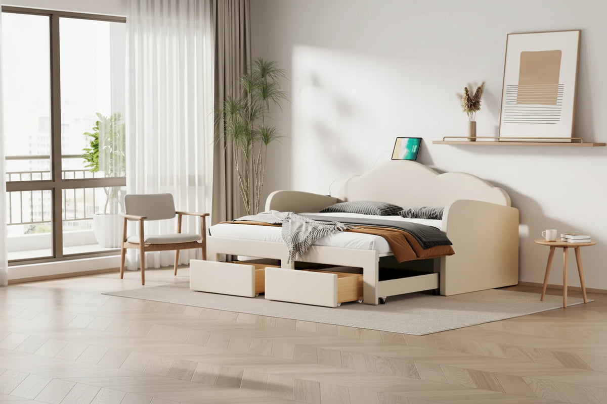 Twin Cloud Velvet Daybed with Trundle, Drawers, and USB