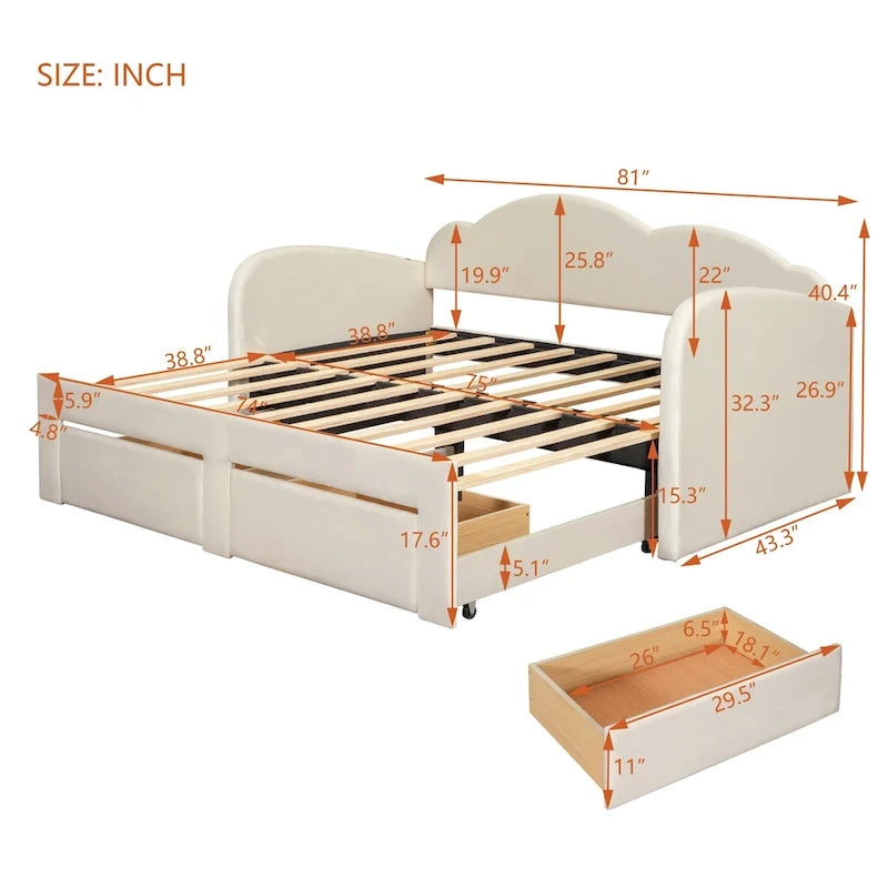Twin Velvet Daybed with Trundle, 2 Drawers, and USB Port