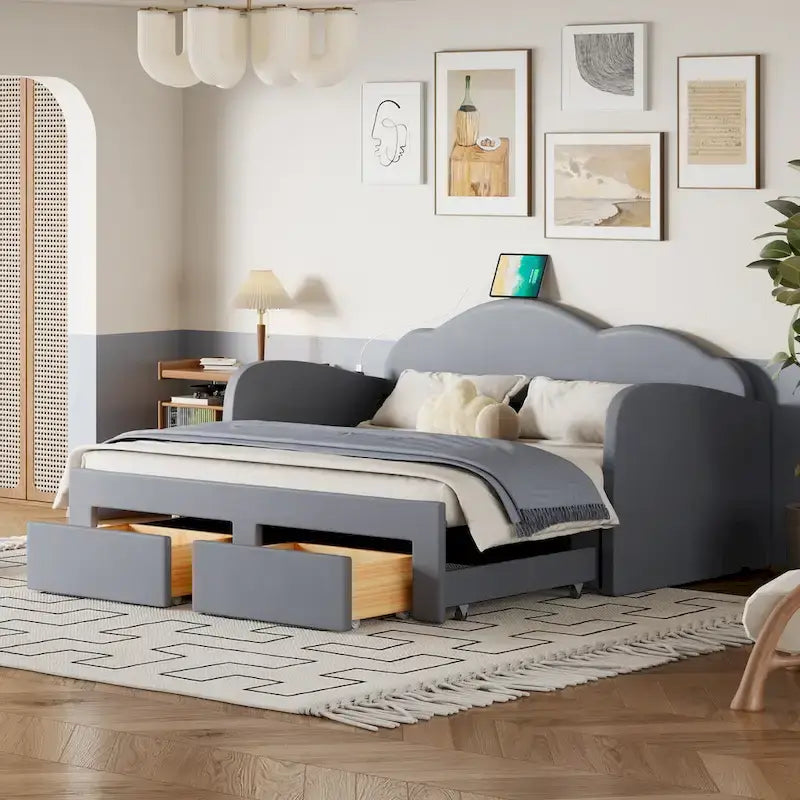 Twin Velvet Daybed with Trundle, 2 Drawers, and USB Port