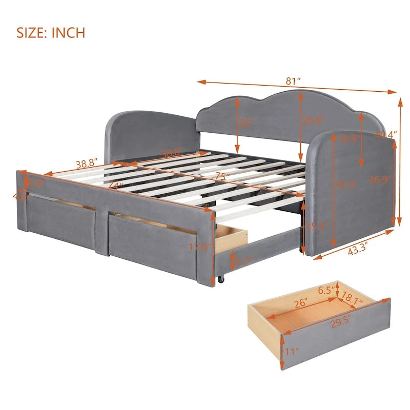 Twin Velvet Daybed with Trundle, 2 Drawers, and USB Port