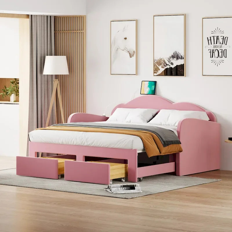 Twin Velvet Daybed with Trundle, 2 Drawers, and USB Port