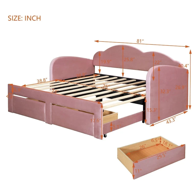 Twin Velvet Daybed with Trundle, 2 Drawers, and USB Port