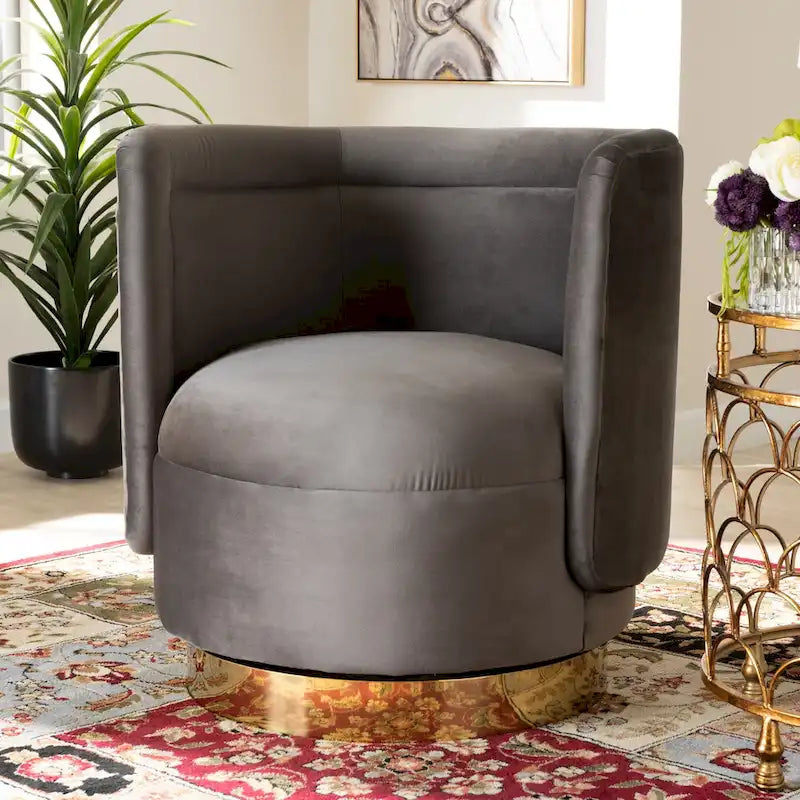 Velvet Swivel Accent Chair with Gold Base, Barrel Style