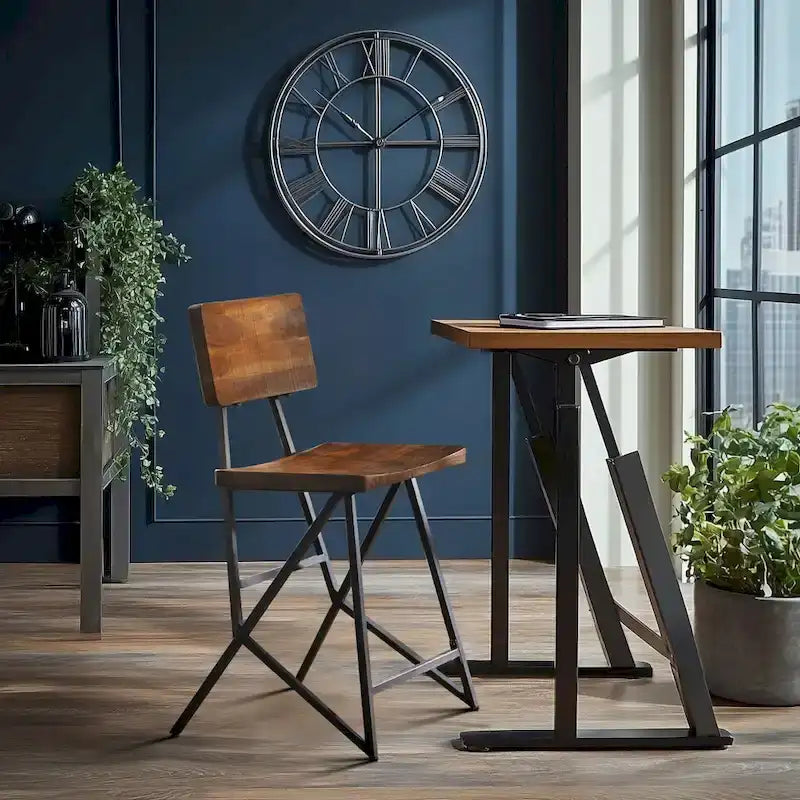 Reclaimed Wood and Metal Counter Stool with Amber Seat and Backrest