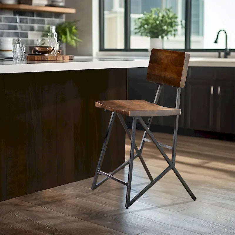 Reclaimed Wood and Metal Counter Stool with Amber Seat and Backrest