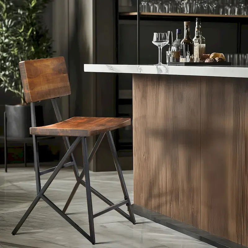 Reclaimed Wood and Metal Counter Stool with Amber Seat and Backrest