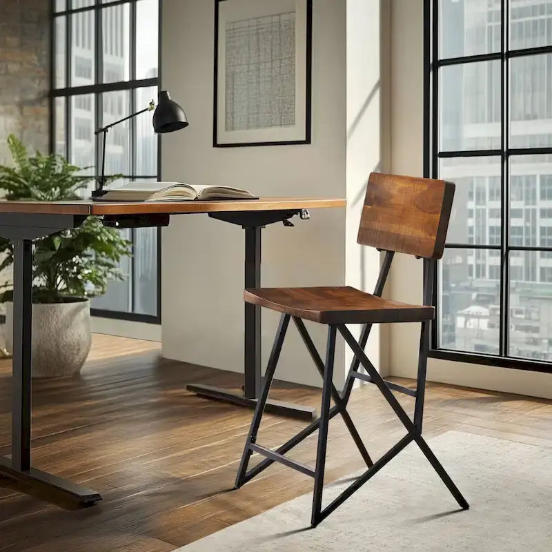 Reclaimed Wood and Metal Counter Stool with Amber Seat and Backrest