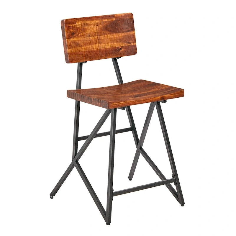 Reclaimed Wood and Metal Counter Stool with Amber Seat and Backrest
