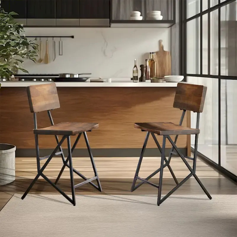 Reclaimed Wood and Metal Counter Stool with Amber Seat and Backrest