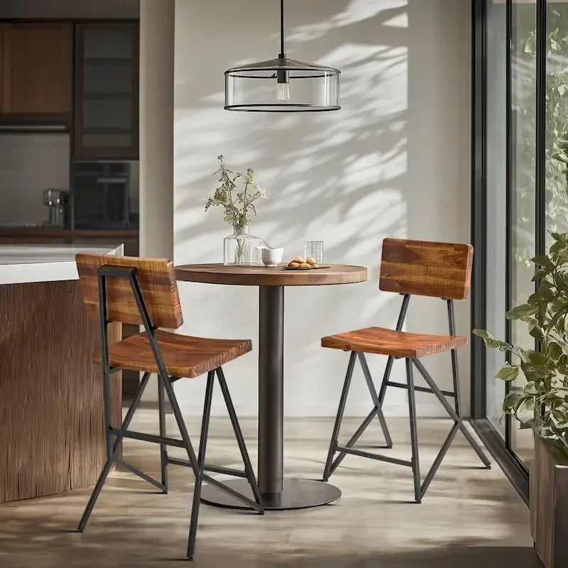 Reclaimed Wood and Metal Counter Stool with Amber Seat and Backrest