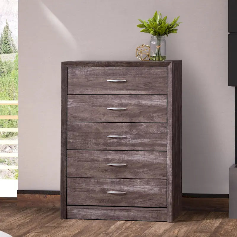 5-Drawer Tall Dresser, Mid-Century Modern Style with Metal Handles