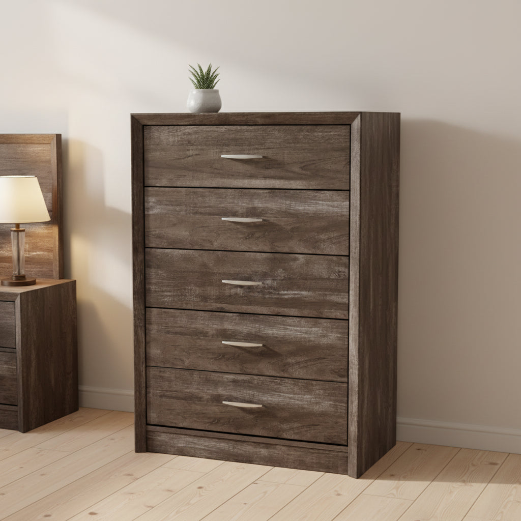 5-Drawer Tall Dresser, Mid-Century Modern Style with Metal Handles