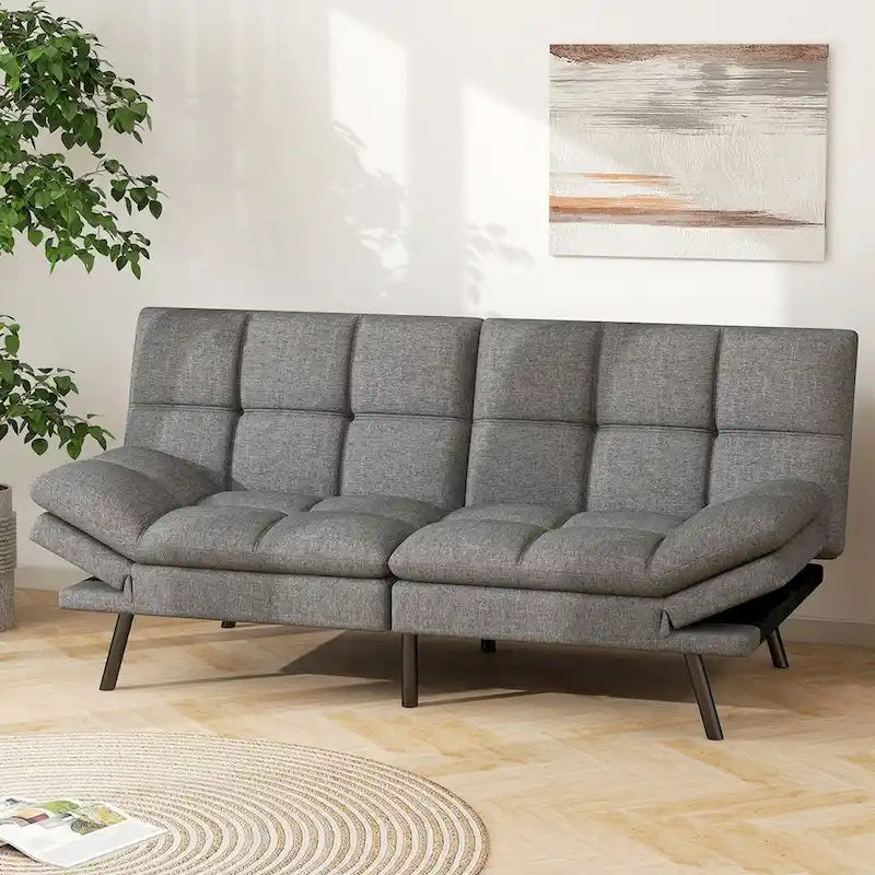 Convertible Futon Sofa Bed with Adjustable Backrest and Armrests, Grey