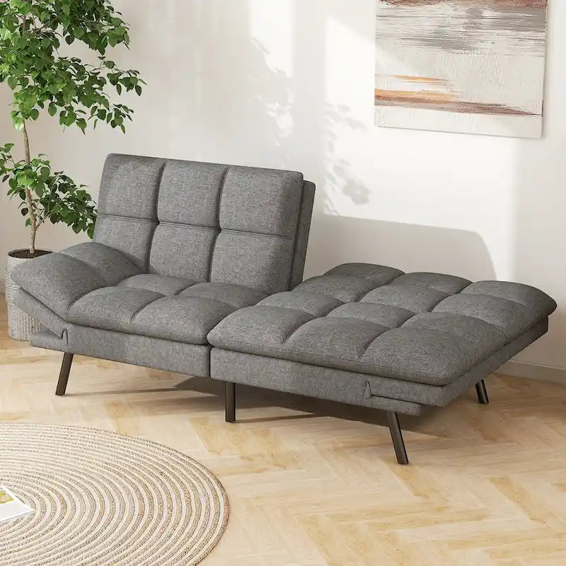 Convertible Futon Sofa Bed with Adjustable Backrest and Armrests, Grey