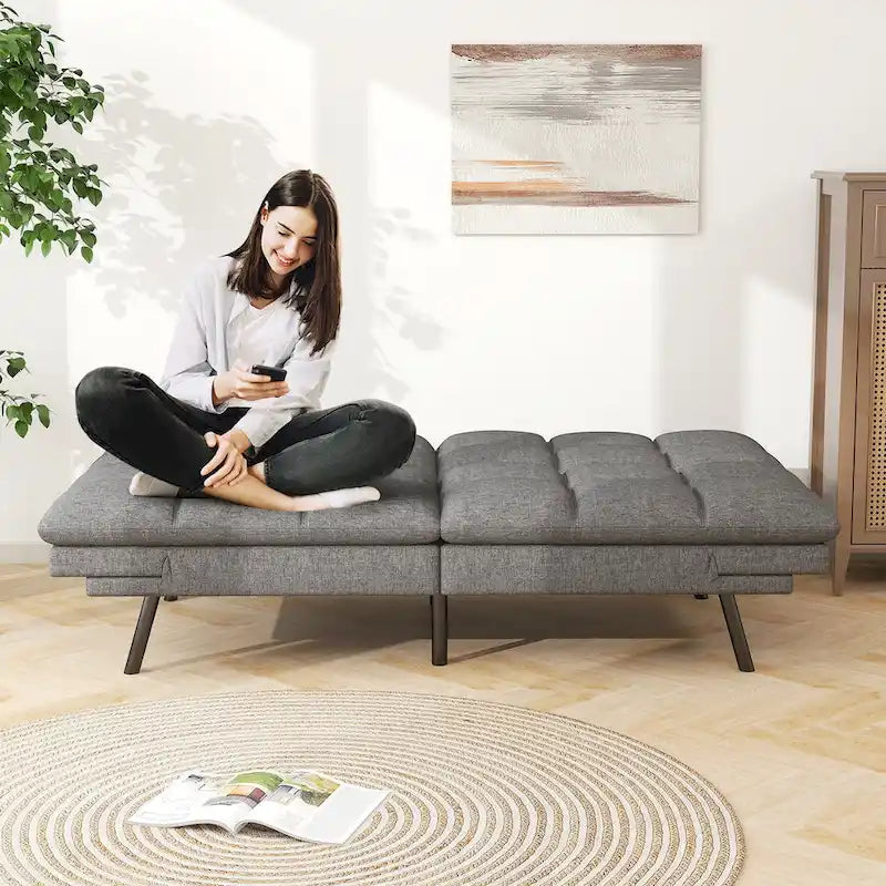 Convertible Futon Sofa Bed with Adjustable Backrest and Armrests, Grey