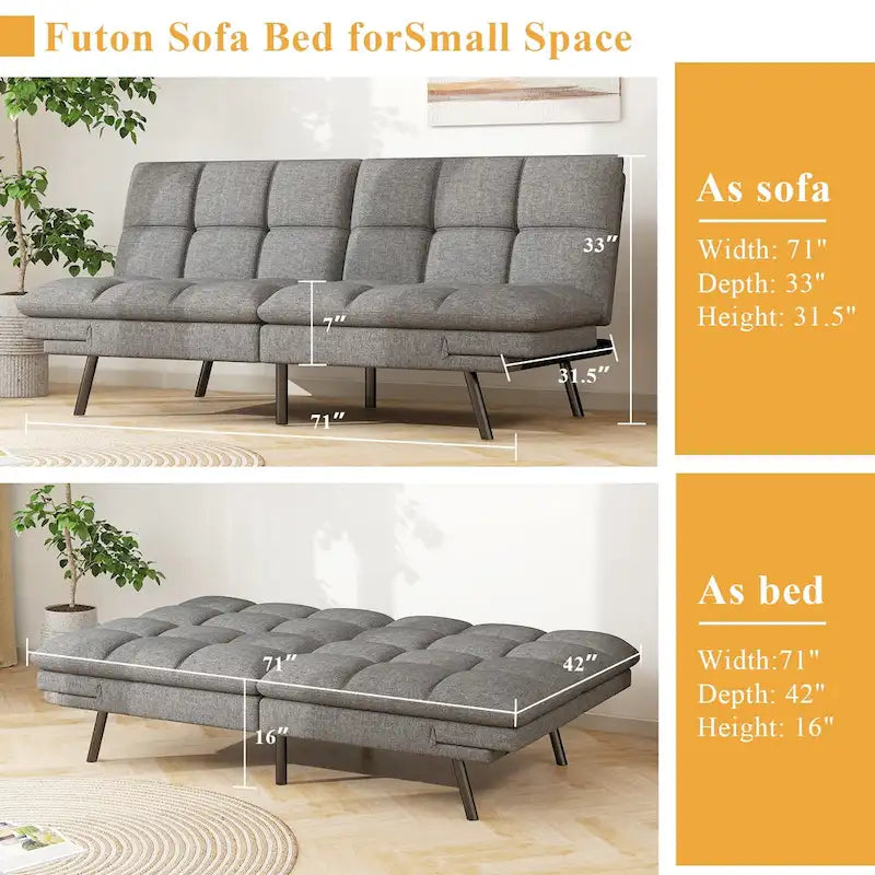 Convertible Futon Sofa Bed with Adjustable Backrest and Armrests, Grey
