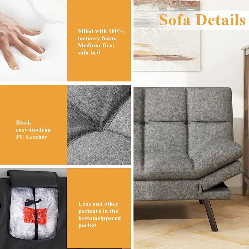 Convertible Futon Sofa Bed with Adjustable Backrest and Armrests, Grey