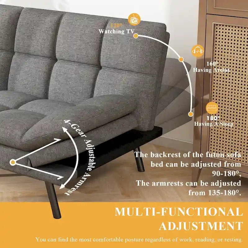 Convertible Futon Sofa Bed with Adjustable Backrest and Armrests, Grey