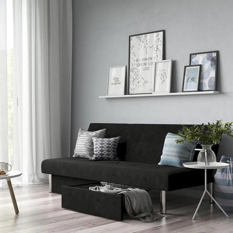 Tufted Microfiber Storage Futon Sofa with Pull-Out Compartments