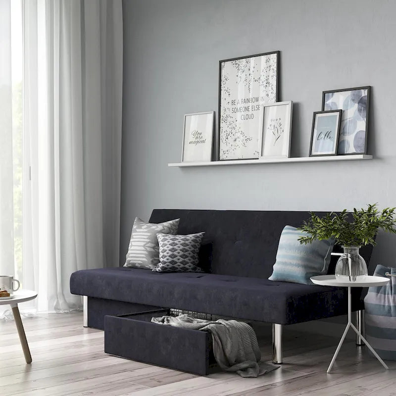 Tufted Microfiber Storage Futon Sofa with Pull-Out Compartments