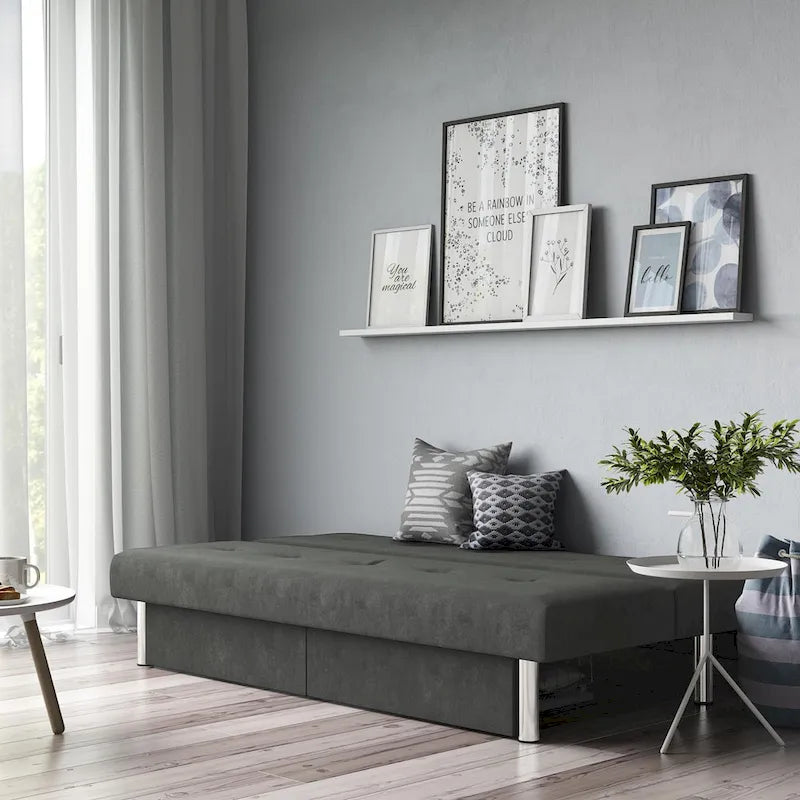 Tufted Microfiber Storage Futon Sofa with Pull-Out Compartments