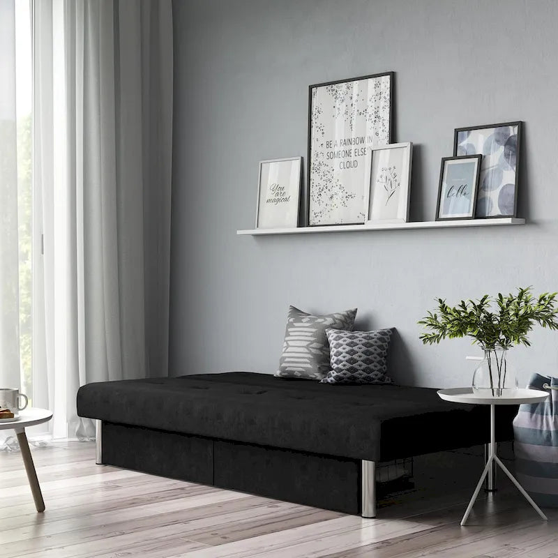 Tufted Microfiber Storage Futon Sofa with Pull-Out Compartments