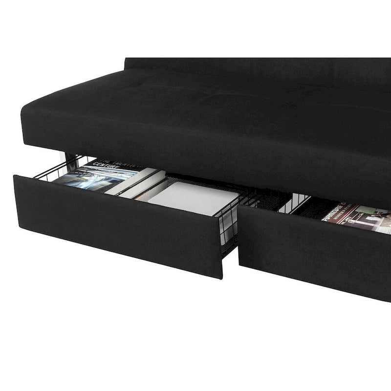 Tufted Microfiber Storage Futon Sofa with Pull-Out Compartments