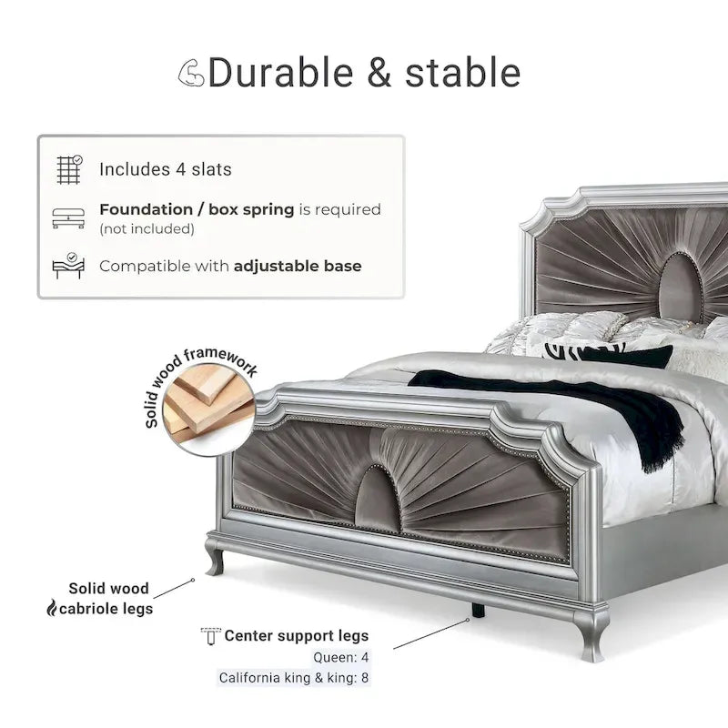 Glam Silver Panel Bed with Velvet Fabric Headboard and Nail Head Trim