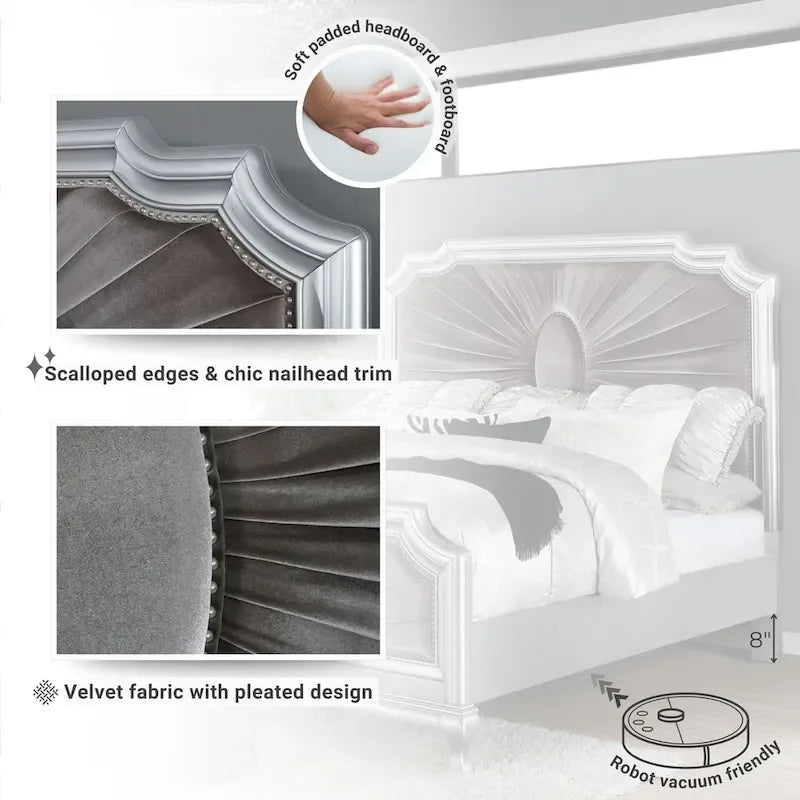 Glam Silver Panel Bed with Velvet Fabric Headboard and Nail Head Trim